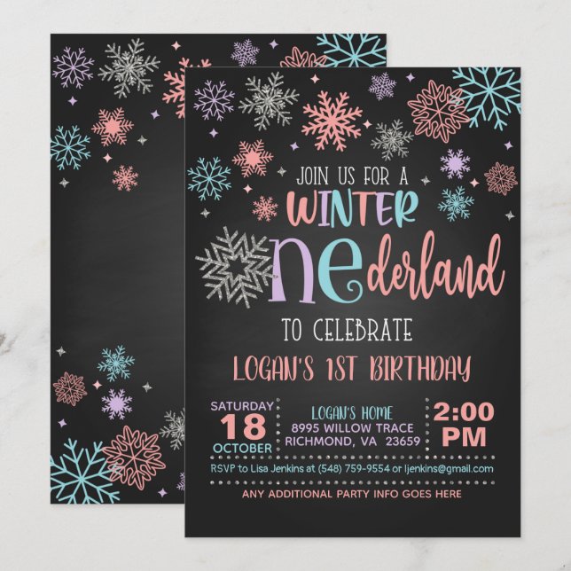Winter ONEderland Birthday Invitation - PPB - Blk (Front/Back)