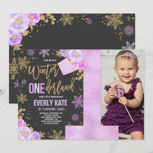 Winter ONEderland Birthday Invitation Purple Gold (Front/Back)