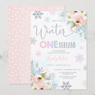 Winter ONEderland Birthday Invitation Silver Pink