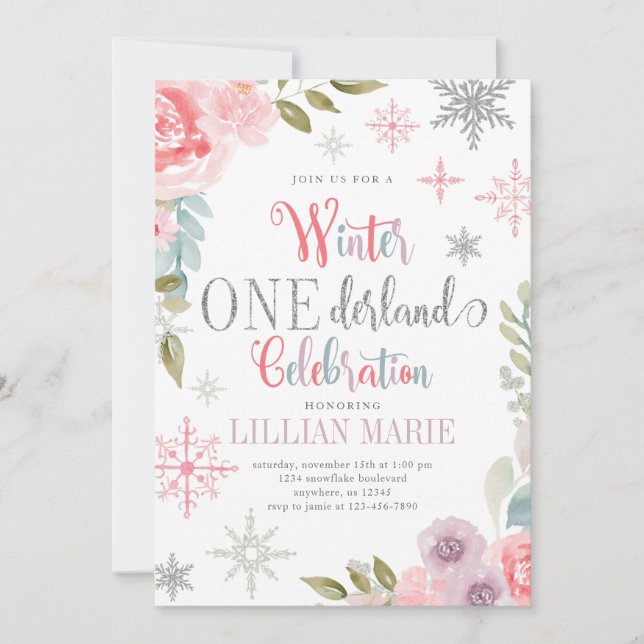 Winter ONEderland Birthday Invitation with Flowers (Front)