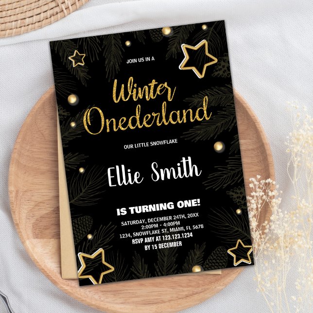 Winter ONEderland Birthday Invitations Star Black (Winter ONEderland Birthday Invitations Star Black)