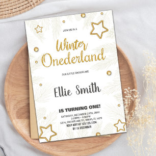 Winter ONEderland Birthday Invitations Star Golden
