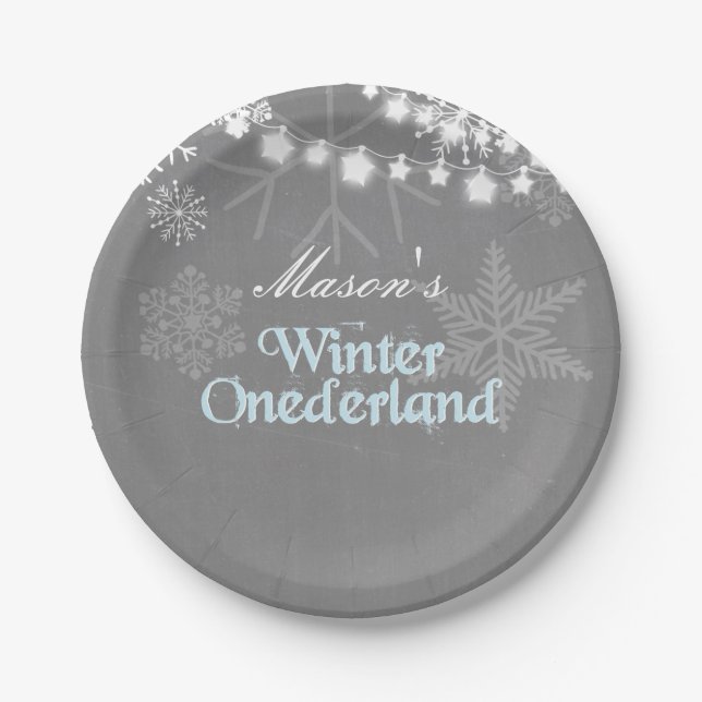 Winter onederland Birthday Paper Plates Snowflakes (Front)
