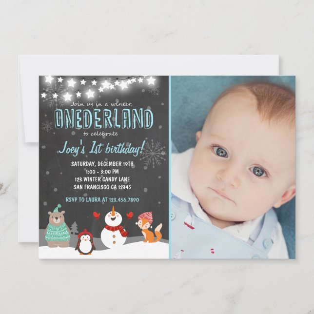 Winter ONEderland birthday party invitation blue (Front)