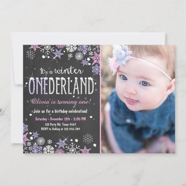Winter Onederland birthday party invite Girl Pink (Front)