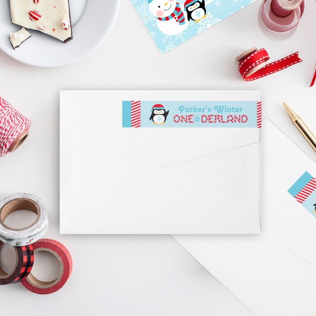 Winter ONEderland Birthday Penguin Blue and Red Wrap Around Label (Creator Uploaded)