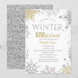 Winter Onederland Birthday Silver Gold Snowflake I Invitation