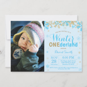 Winter Onederland Blue and Gold Boy 1st Birthday Invitation