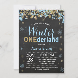 Winter Onederland Blue and Gold Boy 1st Birthday Invitation