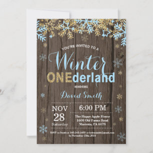 Winter Onederland Blue and Gold Boy 1st Birthday Invitation