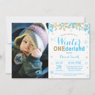Winter Onederland Blue and Gold Boy 1st Birthday Invitation