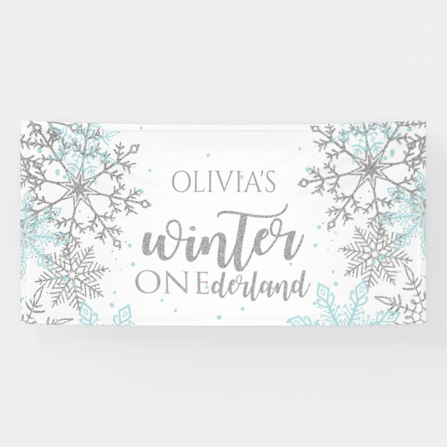 Winter Onederland Blue and Silver Snowflake Banner (Horizontal)