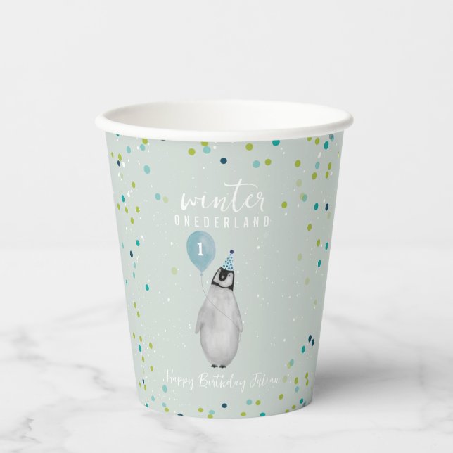 Winter Onederland Blue Balloon Penguin Paper Cups (Front)