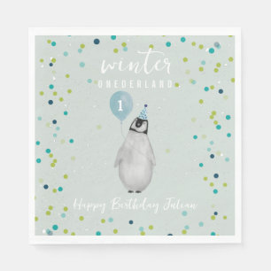 Winter Onederland Blue Birthday Balloon Penguin Napkin