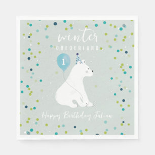 Winter Onederland Blue Birthday Balloon Polar Bear Napkin