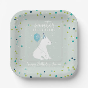 Winter Onederland Blue Birthday Polar Bear Snow Paper Plate