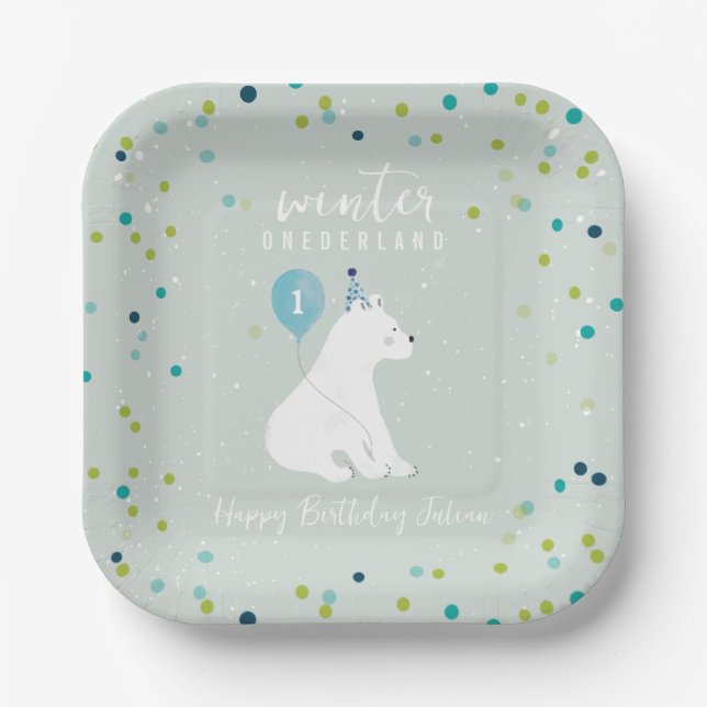 Winter Onederland Blue Birthday Polar Bear Snow Paper Plate (Front)