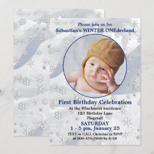 Winter ONEderland Blue First Birthday Snowflake Invitation