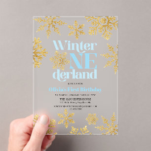 Winter Onederland Blue Gold Snowflake 1st Birthday Acrylic Invitations