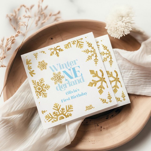 Winter Onederland blue Gold Snowflake 1st Birthday Napkin (Creator Uploaded)