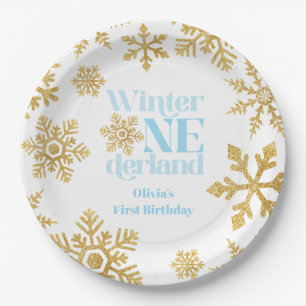 Winter Onederland Blue Gold Snowflake 1st Birthday Paper Plate
