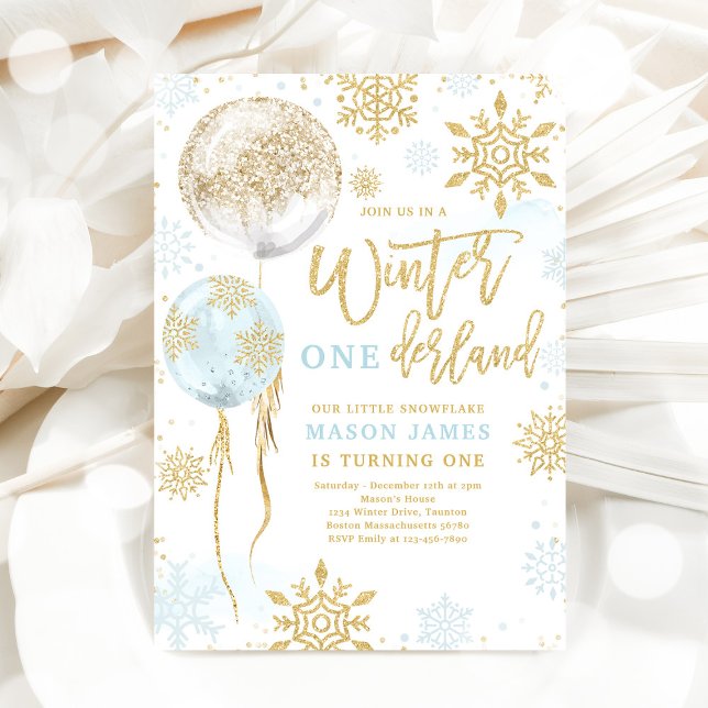 Winter Onederland Blue Gold Snowflake Birthday Invitation (Creator Uploaded)