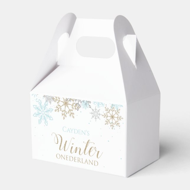Winter Onederland Blue Gold Snowflake Favor Box (Front Side)
