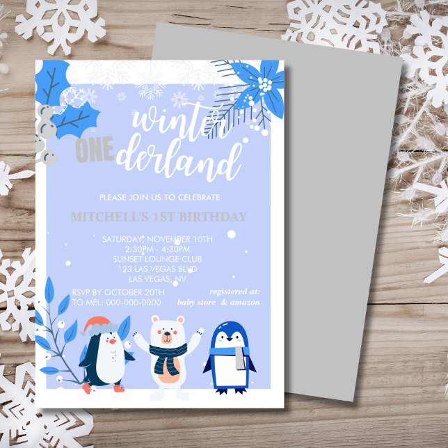 Winter onederland blue penguin polar bear  invitation (Creator Uploaded)