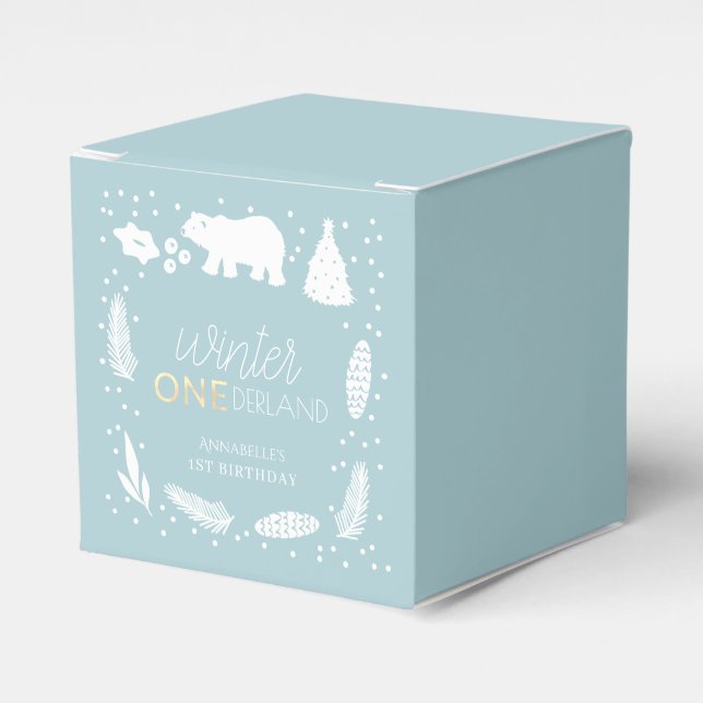Winter ONEderland Blue Polar Bear 1st Birthday Favor Box (Front Side)
