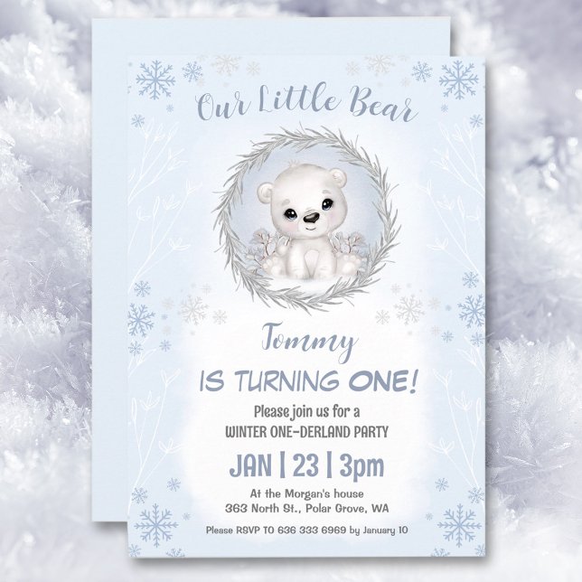 Winter Onederland Blue Polar Bear Boy 1st Birthday Invitation (Winter Onederland Blue Polar Bear Boy 1st Birthday Invitation)