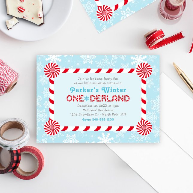Winter ONEderland Blue Red Candy Cane Birthday Invitation (Creator Uploaded)