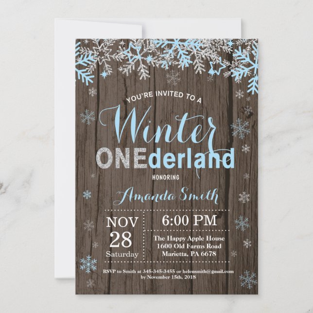 Winter Onederland Blue Silver Boy 1st Birthday Invitation (Front)