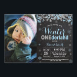 Winter Onederland Blue Silver Boy 1st Birthday Invitation<br><div class="desc">Rustic Winter Onederland Blue and Silver Boy 1st Birthday Invitation with custom photo. 1st First Birthday Party. Blue and Silver Glitter Snowflake. Boy Birthday Party Invitation. Winter Holiday Bday. 1st First Birthday. Chalkboard Background. Black and White. For further customization, please click the "Customize it" button and use our design tool...</div>