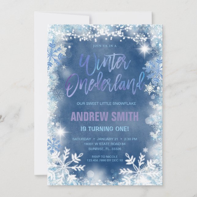 Winter ONEderland Blue Snowflakes Birthday  Invitation (Front)