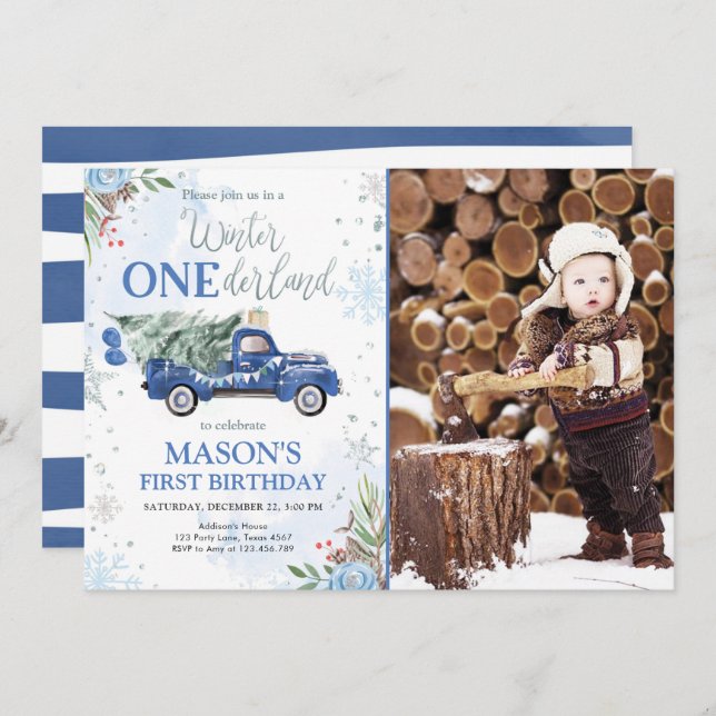 Winter Onederland Blue Truck Boy First Birthday Invitation (Front/Back)