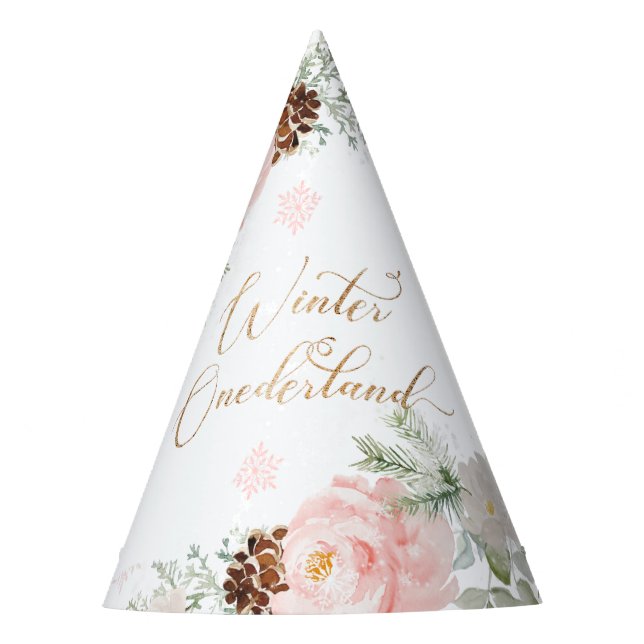 Winter onederland blush pink girl birthday party hat (Front)