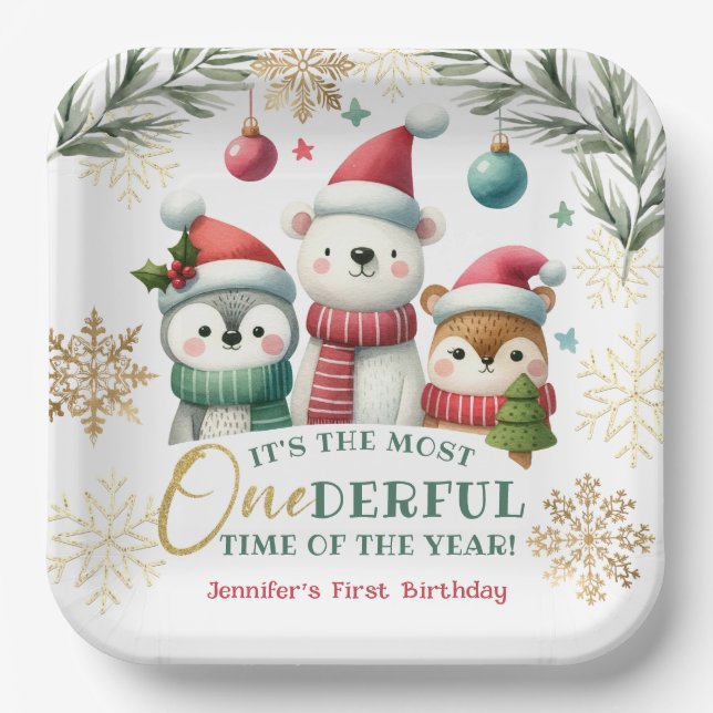 Winter Onederland Boho Snow Animals 1st Birthday Paper Plate (Front)