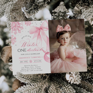 Winter Onederland Bow Snowflake Birthday Photo Invitation