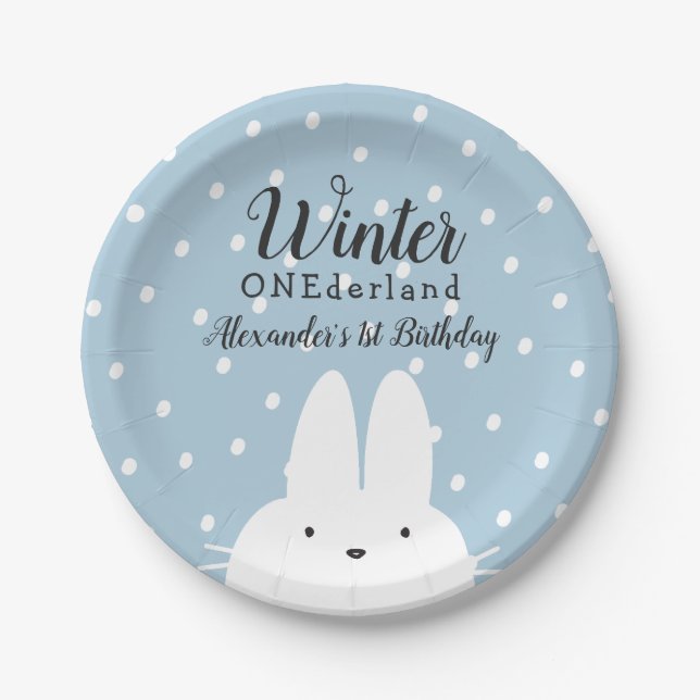 Winter ONEderland Boy 1st Birthday Blue Paper Plate (Front)