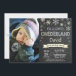 Winter Onederland Boy 1st Birthday Invitation<br><div class="desc">Winter Onederland Boy 1st Birthday Invitation with custom photo. Yellow and White Snowflake. First Birthday. Boy 1st Bday Invite. Chalkboard Background. Black and White. For further customization,  please click the "Customize it" button and use our design tool to modify this template.</div>