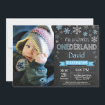Winter Onederland Boy 1st Birthday Invitation<br><div class="desc">Winter Onederland Boy 1st Birthday Invitation with custom photo. Blue and White Snowflake. First Birthday. Boy 1st Bday Invite. Chalkboard Background. Black and White. For further customization,  please click the "Customize it" button and use our design tool to modify this template.</div>