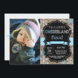 Winter Onederland Boy 1st Birthday Invitation<br><div class="desc">Winter Onederland Boy 1st Birthday Invitation with custom photo. Blue and White Snowflake. First Birthday. Boy 1st Bday Invite. Rustic Wood Chalkboard Background. Black and White. Blue Ribbon. For further customization,  please click the "Customize it" button and use our design tool to modify this template.</div>