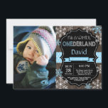 Winter Onederland Boy 1st Birthday Invitation<br><div class="desc">Winter Onederland Boy 1st Birthday Invitation with custom photo. Blue and White Snowflake. First Birthday. Boy 1st Bday Invite. Rustic Wood Chalkboard Background. Black and White. Blue Ribbon. For further customization,  please click the "Customize it" button and use our design tool to modify this template.</div>