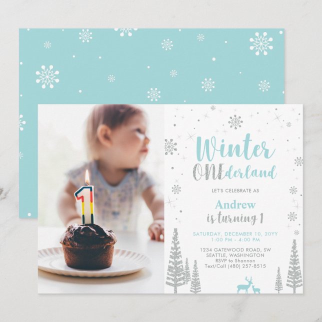 Winter Onederland, Boy 1st Photo Birthday Invitation (Front/Back)