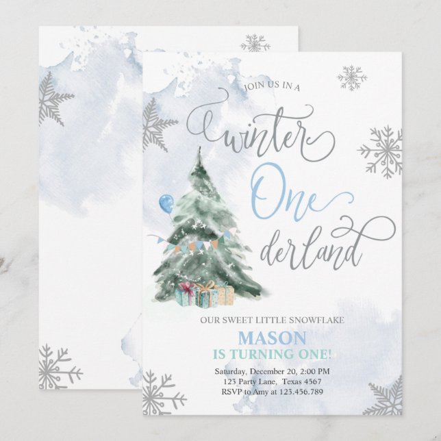Winter Onederland Boy Blue Winter 1st Birthday Invitation (Front/Back)