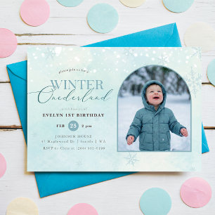 Winter Onederland Boy Girl Arch Photo 1st Birthday Invitation