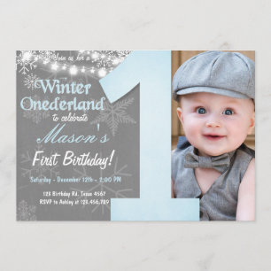 Winter Onederland Boy Grey Snowflake Birthday Invitation