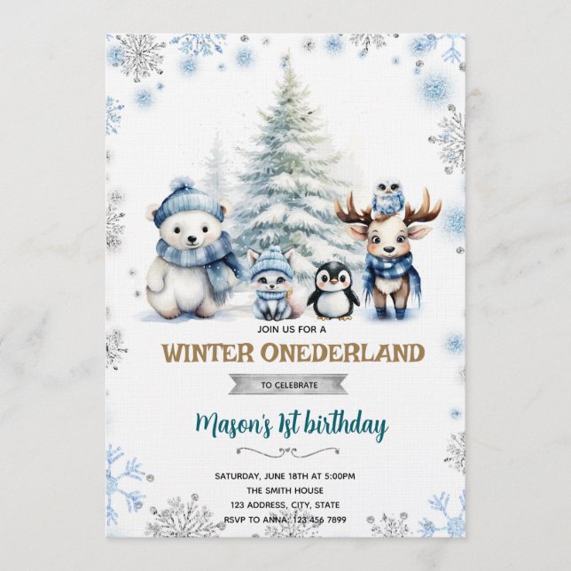 Winter Onederland boy invitation (Front)