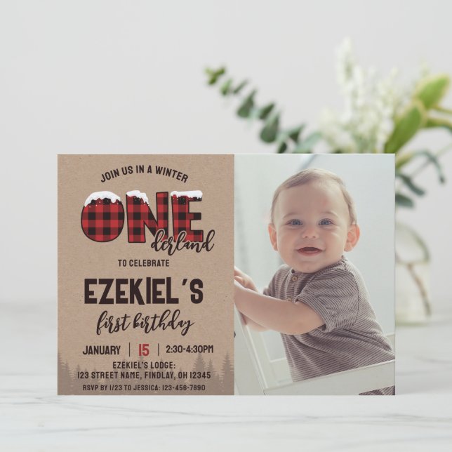 Winter ONEderland Buffalo Plaid Birthday Photo Invitation (Standing Front)
