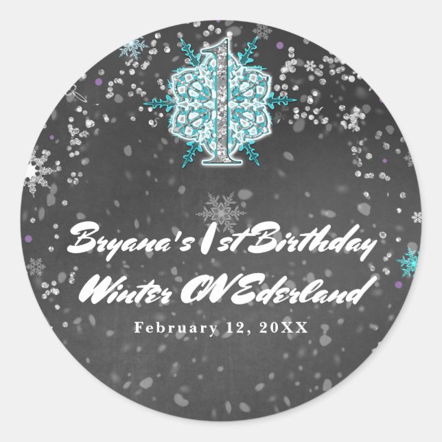 Winter ONEderland Chalk Teal & Purple 1st Birthday Classic Round Sticker (Front)